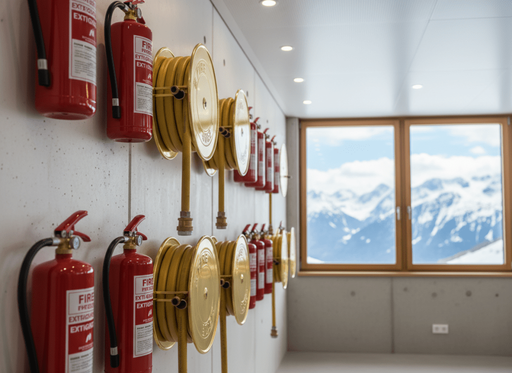 A meticulously organized wall of bright red fire extinguishers and polished brass fire hose reels mounted on a clean white concrete wall in a modern Alpine commercial building. Snow-covered mountains are visible through large double-glazed windows in the softly blurred background. Cool daylight from the windows combines with subtle overhead LED lighting, creating crisp reflections on the metal fittings and clear, legible labeling on each device. Shot at eye level with sharp focus throughout, the composition uses the rule of thirds to emphasize readiness and reliability. The photographic realism and clean, professional aesthetic convey trust, technical expertise, and high safety standards for fire protection services in cold, mountainous environments.