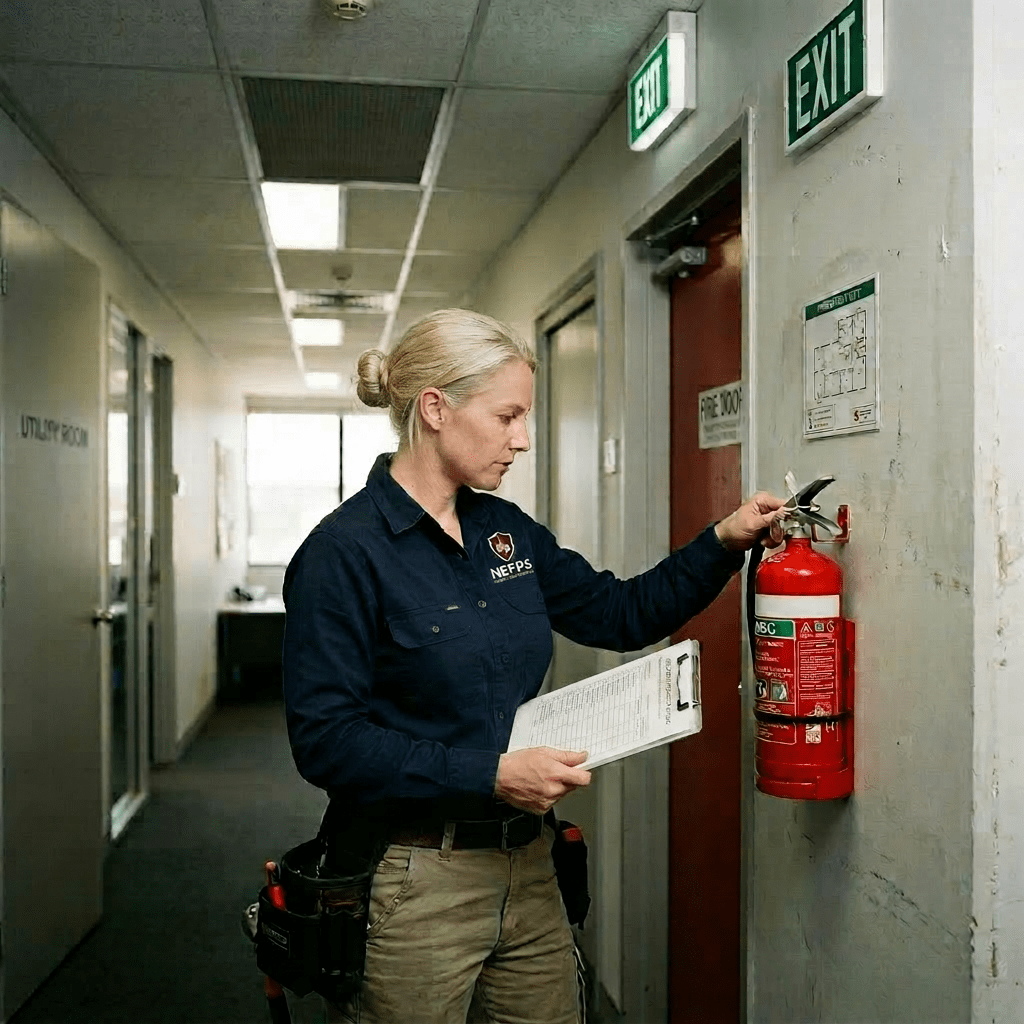 Worker examining fire extinguisher and recording information on a clipboard in hallway