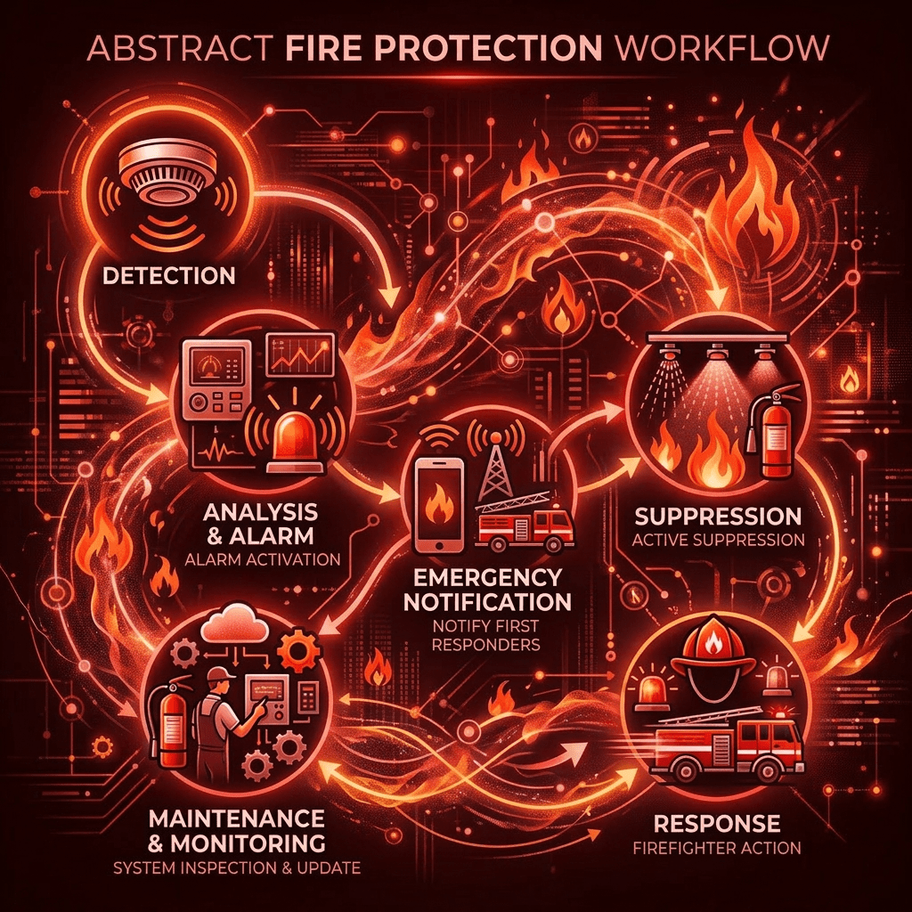 Fire protection workflow with detection, alarm, notification, suppression, response, and maintenance stages